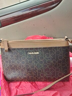 Calvin Klein Brown Monogram Crossbody with Tan Trim